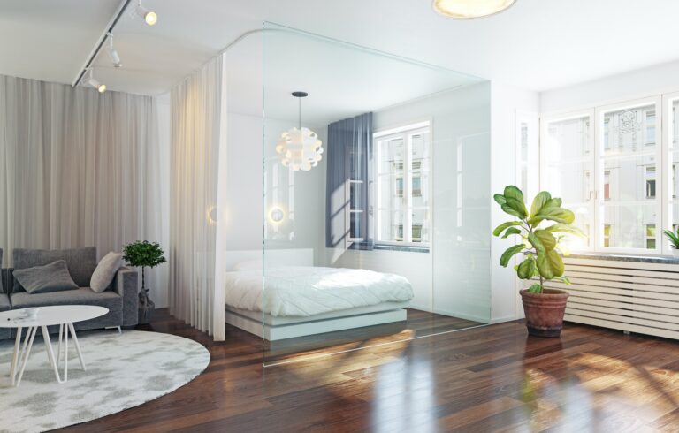 nowoczesna sypialnia połączona z salonem